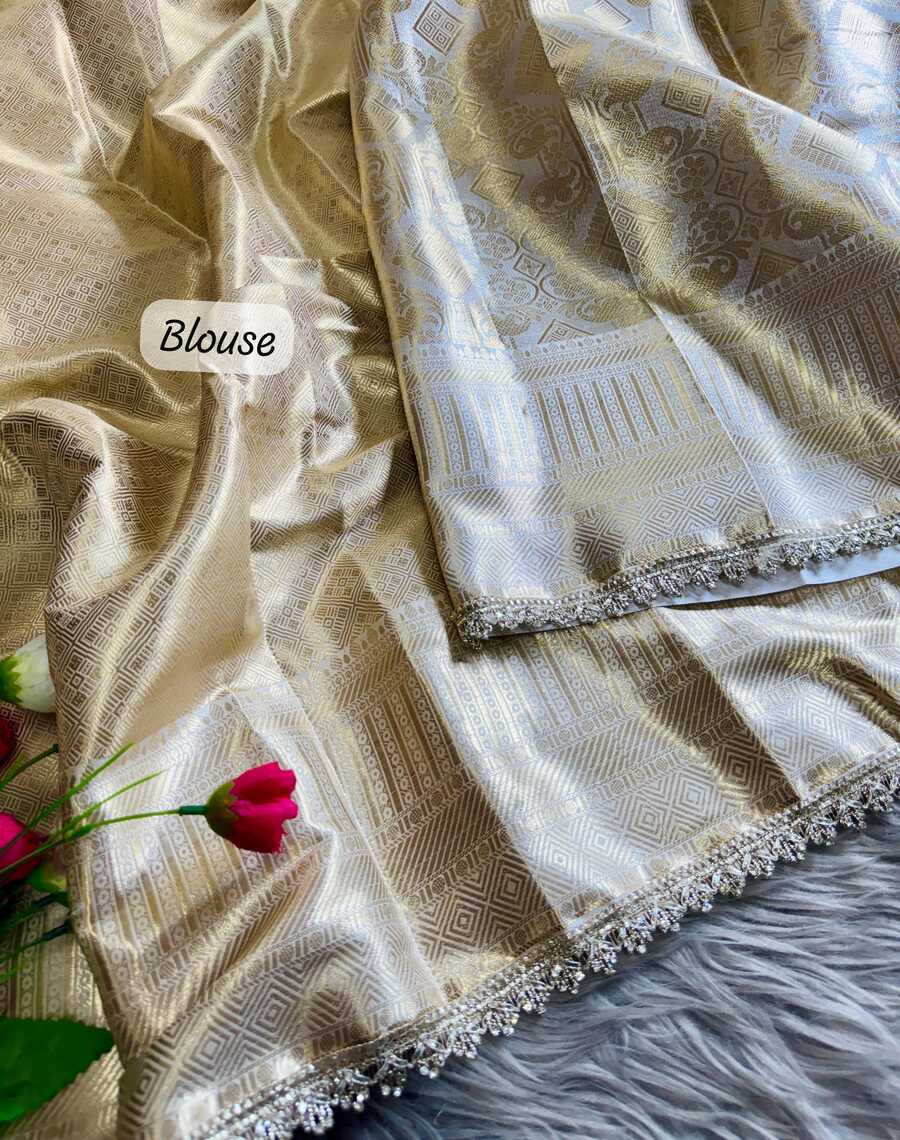 LUXURIOUS BANARASI SILK ZARI, WITH JARKAN DETAILS DIAMOND BORDER WORK SAREE WITH UNSTITCHED BLOUSE WEDDING WEAR WHOLESALE PRICE ETHNIC GARMENT (7)