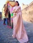 LUXURY LICHI SILK JACQUARD WORK SAREE WITH UNSTITCHED BLOUSE PINK