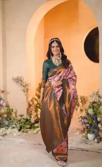 MODERN BANARASI SILK ZARI WEAVING WORK SAREE WITH UNSTITCHED BLOUSE BABY PINK
