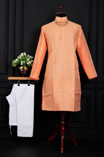 MODERN  BANGLORI SILK  PLAIN WORK MEN'S KURTA PAYJAMA PEACH