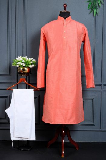 MODERN BANGLORI SILK PLAIN WORK MEN'S KURTA PAYJAMA PEACH