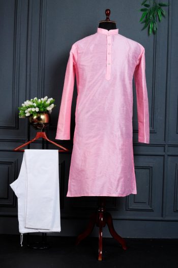 MODERN BANGLORI SILK PLAIN WORK MEN'S KURTA PAYJAMA BABY PINK