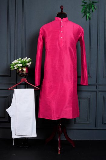 MODERN  BANGLORI SILK  PLAIN WORK MEN'S KURTA PAYJAMA PINK