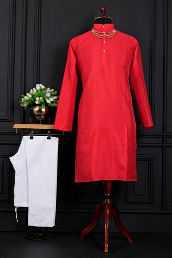 MODERN  BANGLORI SILK  PLAIN WORK MEN'S KURTA PAYJAMA RED