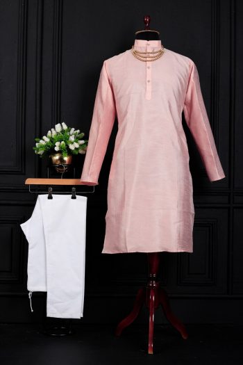 MODERN BANGLORI SILK PLAIN WORK MEN'S KURTA PAYJAMA PEACH
