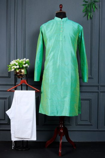 MODERN BANGLORI SILK PLAIN WORK MEN'S KURTA PAYJAMA GREEN