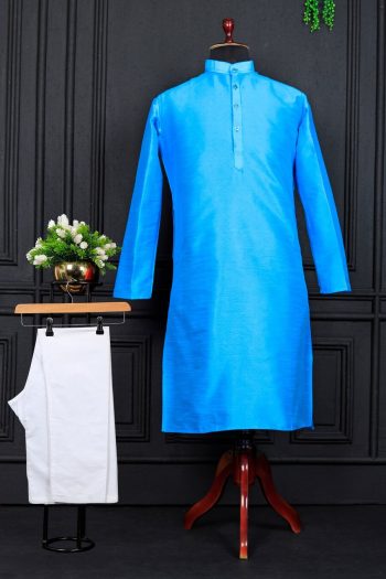 MODERN BANGLORI SILK PLAIN WORK MEN'S KURTA PAYJAMA BLUE