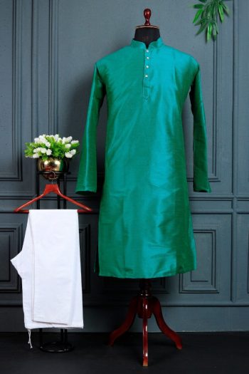 MODERN BANGLORI SILK PLAIN WORK MEN'S KURTA PAYJAMA GREEN