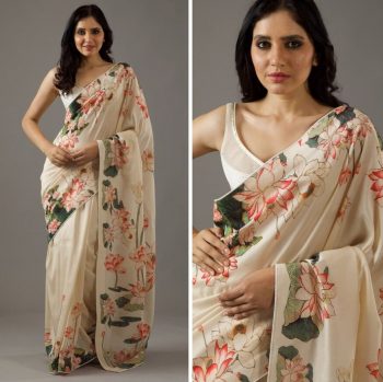MODERN BRIGHT MOSS SILK DESIGN DIGITAL PRINT WORK SAREE WITH UNSTITCHED BLOUSE  CREAM