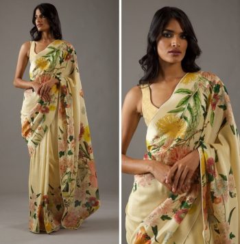 MODERN BRIGHT MOSS SILK DESIGN DIGITAL PRINT WORK SAREE WITH UNSTITCHED BLOUSE  YELLOW