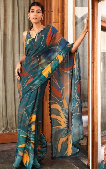 MODERN BRIGHT MOSS SILK DESIGN DIGITAL PRINT WORK SAREE WITH UNSTITCHED BLOUSE TEAL