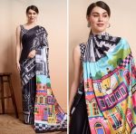 MODERN BRIGHT MOSS SILK DESIGN DIGITAL PRINT WORK SAREE WITH UNSTITCHED BLOUSE BLACK