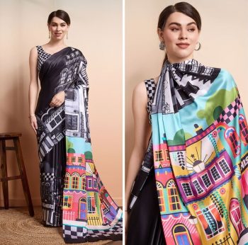 MODERN BRIGHT MOSS SILK DESIGN DIGITAL PRINT WORK SAREE WITH UNSTITCHED BLOUSE BLACK