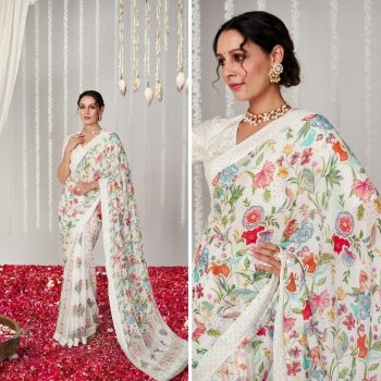 MODERN BRIGHT MOSS SILK DESIGN DIGITAL PRINT WORK SAREE WITH UNSTITCHED BLOUSE WHITE