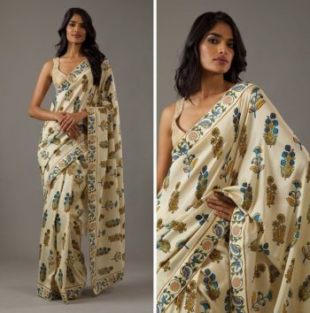 MODERN BRIGHT MOSS SILK DESIGN DIGITAL PRINT WORK SAREE WITH UNSTITCHED BLOUSE OFF WHITE