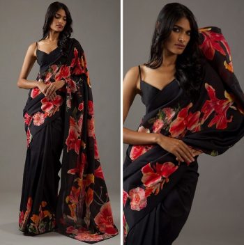 MODERN BRIGHT MOSS SILK DESIGN DIGITAL PRINT WORK SAREE WITH UNSTITCHED BLOUSE BLACK