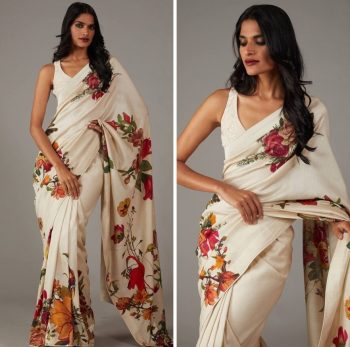MODERN BRIGHT MOSS SILK DESIGN DIGITAL PRINT WORK SAREE WITH UNSTITCHED BLOUSE OFF WHITE