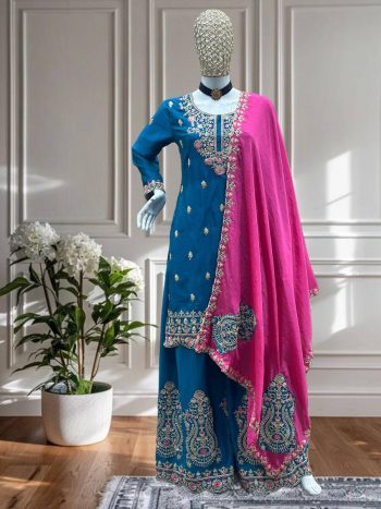 MODERN CHINON EMBROIDERY SEQUENCE CODING DESIGN WORK TOP PALAZZO WITH DUPATTA BLUE