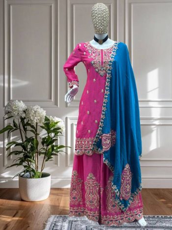MODERN CHINON EMBROIDERY SEQUENCE CODING DESIGN WORK TOP PALAZZO WITH DUPATTA PINK