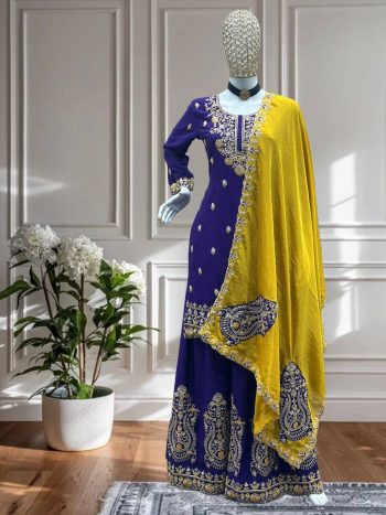 MODERN CHINON EMBROIDERY SEQUENCE CODING DESIGN WORK TOP PALAZZO WITH DUPATTA PURPLE