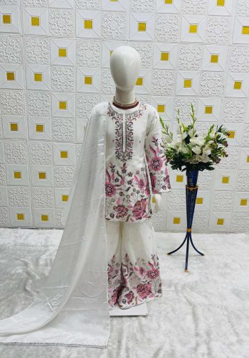 MODERN CHINON SILK EMBROIDERY SEQUENCE WORK KID'S TOP PALAZZO WITH DUPATTA WHITE
