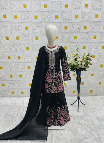MODERN CHINON SILK EMBROIDERY SEQUENCE WORK KID'S TOP PALAZZO WITH DUPATTA BLACK