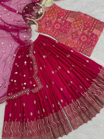 MODERN CHINON SILK FANCY DIGITAL PRINT WITH REAL MIRROR AND STONE HAND WORK TOP PALAZZO WITH DUPATTA RED