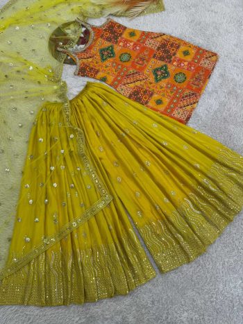 MODERN CHINON SILK FANCY DIGITAL PRINT WITH REAL MIRROR AND STONE HAND WORK TOP PALAZZO WITH DUPATTA YELLOW