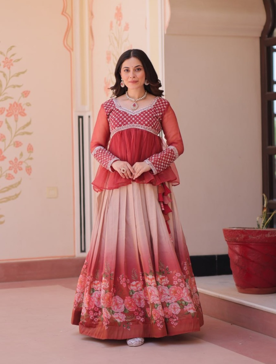 MODERN COSMOS FLOWER PRINT TOP LEHENGA FORMAL WEAR WHOLESALE PRICE ETHNIC GARMENT (2)