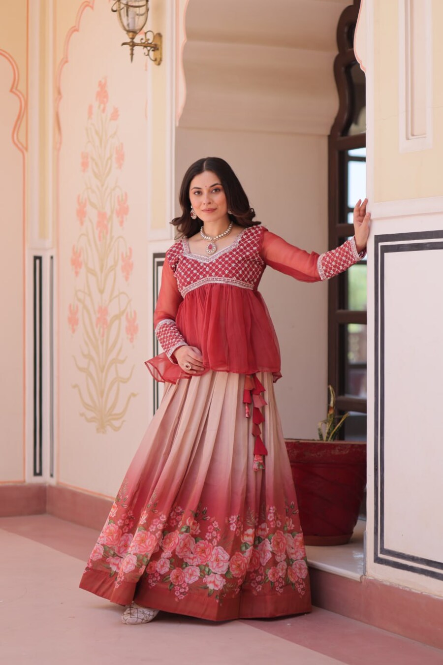 MODERN COSMOS FLOWER PRINT TOP LEHENGA FORMAL WEAR WHOLESALE PRICE ETHNIC GARMENT (4)