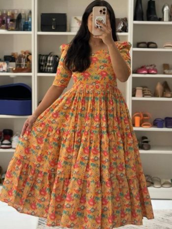 MODERN COTTON DIGITAL PRINTED ONE PIECE DRESS ORANGE