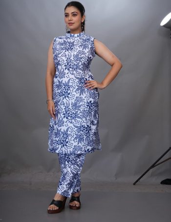 MODERN COTTON DIGITAL PRINTED WORK TOP BOTTOM SET BLUE