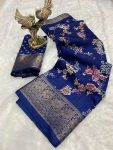MODERN COTTON KALAMKARI PRINT JACQUARD KANJIVARAM ZARI BORDER SAREE WITH UNSTITCHED BLOUSE BLUE