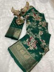 MODERN COTTON KALAMKARI PRINT JACQUARD KANJIVARAM ZARI BORDER SAREE WITH UNSTITCHED BLOUSE GREEN