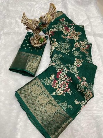 MODERN COTTON KALAMKARI PRINT JACQUARD KANJIVARAM ZARI BORDER SAREE WITH UNSTITCHED BLOUSE GREEN