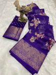 MODERN COTTON KALAMKARI PRINT JACQUARD KANJIVARAM ZARI BORDER SAREE WITH UNSTITCHED BLOUSE PURPLE