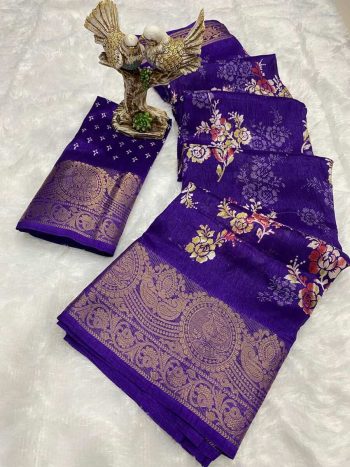 MODERN COTTON KALAMKARI PRINT JACQUARD KANJIVARAM ZARI BORDER SAREE WITH UNSTITCHED BLOUSE PURPLE