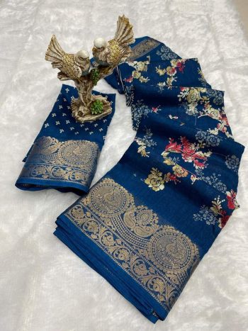 MODERN COTTON KALAMKARI PRINT JACQUARD KANJIVARAM ZARI BORDER SAREE WITH UNSTITCHED BLOUSE TEAL