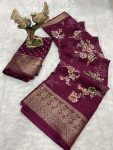 MODERN COTTON KALAMKARI PRINT JACQUARD KANJIVARAM ZARI BORDER SAREE WITH UNSTITCHED BLOUSE WINE