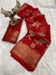 MODERN COTTON KALAMKARI PRINT JACQUARD KANJIVARAM ZARI BORDER SAREE WITH UNSTITCHED BLOUSE RED