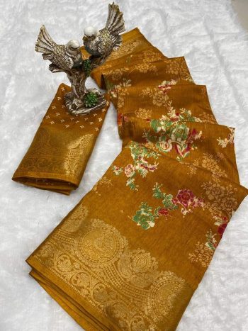MODERN COTTON KALAMKARI PRINT JACQUARD KANJIVARAM ZARI BORDER SAREE WITH UNSTITCHED BLOUSE YELLOW