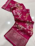 MODERN COTTON KALAMKARI PRINT JACQUARD KANJIVARAM ZARI BORDER SAREE WITH UNSTITCHED BLOUSE PINK