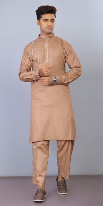 MODERN COTTON LACE WORK KURTA PAYJAMA BROWN