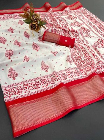 MODERN DOLA DOBBY SILK PRINT WITH DESIGNER PALLU WORK SAREE WITH UNSTITCHED BLOUSE RED