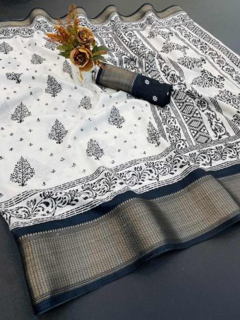 MODERN DOLA DOBBY SILK PRINT WITH DESIGNER PALLU WORK SAREE WITH UNSTITCHED BLOUSE BLACK