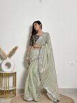 MODERN EMBROIDERY WORK SEQUENCE AND JARI WITH ARC BORDER JIMMY CHOO SAREE WITH STITCHED BLOUSE GREEN