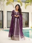 MODERN FAUX BLOOMING ZARI & SEQUENCE EMBROIDERY  WORK GOWN WITH DUPATTA WINE