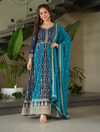 MODERN FAUX BLOOMING ZARI & SEQUENCE EMBROIDERY  WORK GOWN WITH DUPATTA RAMA