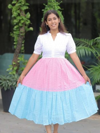 MODERN FOOTBALL COTTON  TWO TONE SHADE WORK ONE PEICE DRESS PINK