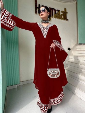 MODERN GEORGETTE CHAIN WORK TOP BOTTOM SET MAROON